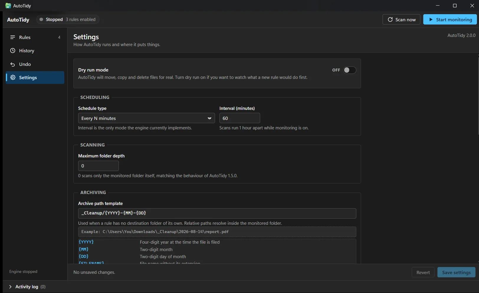AutoTidy's settings screen showing the dry run toggle, interval scheduling, maximum folder depth where 0 matches AutoTidy 1.5.0's behaviour, and the archive path template